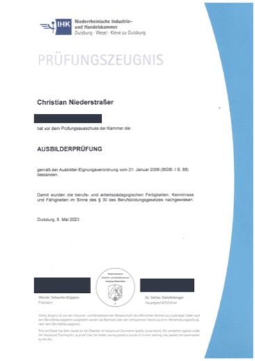 Vorschau: IHK-Prüfungszeugnis Ausbilderprüfung