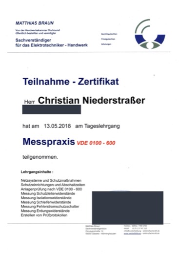 Vorschau: Teilnahme-Zertifikat Messpraxis VDE 0100-600