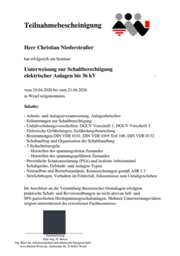 Vorschau: Teilnahmebescheinigung Schaltberechtigung bis 36 kV